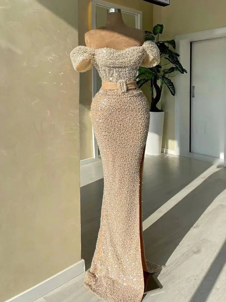 Serene Hill Nude Mermaid Elegant Boat Neck Beaded Luxury Dubai Evening Dresses Gowns For Women Wedding Party 2025 LA72318C - SERENE HILL