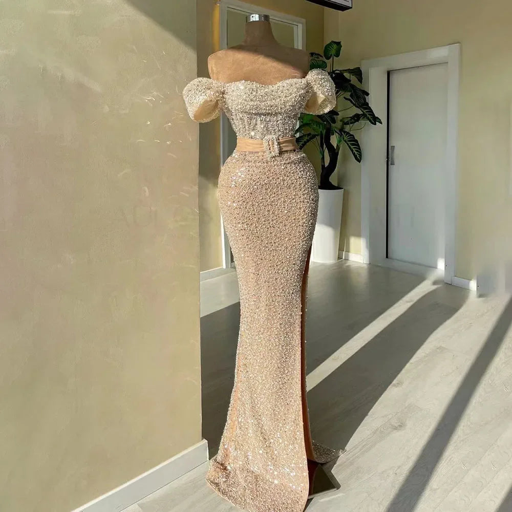 Serene Hill Nude Mermaid Elegant Boat Neck Beaded Luxury Dubai Evening Dresses Gowns For Women Wedding Party 2025 LA72318C - SERENE HILL