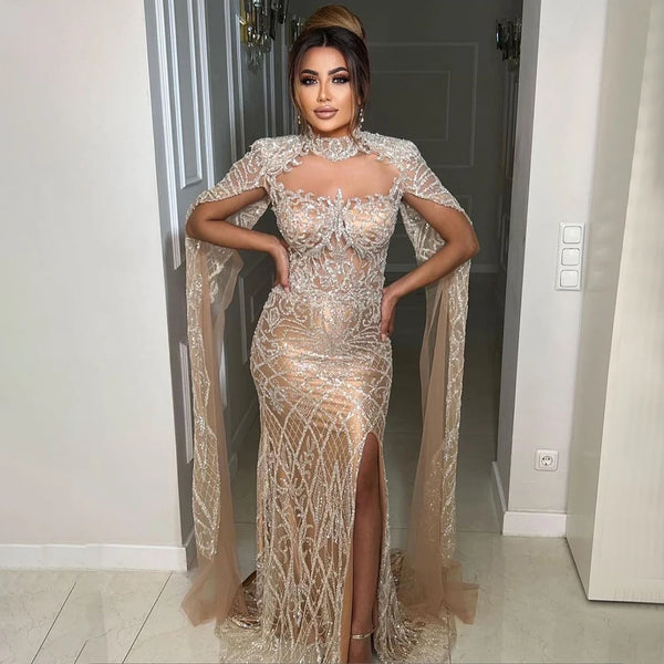 Luxury Nude Beaded Mermaid Evening Dress with Cape LA71747