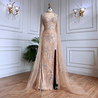 Luxury Nude Beaded Mermaid Evening Dress with Cape LA71747 - SERENE HILL