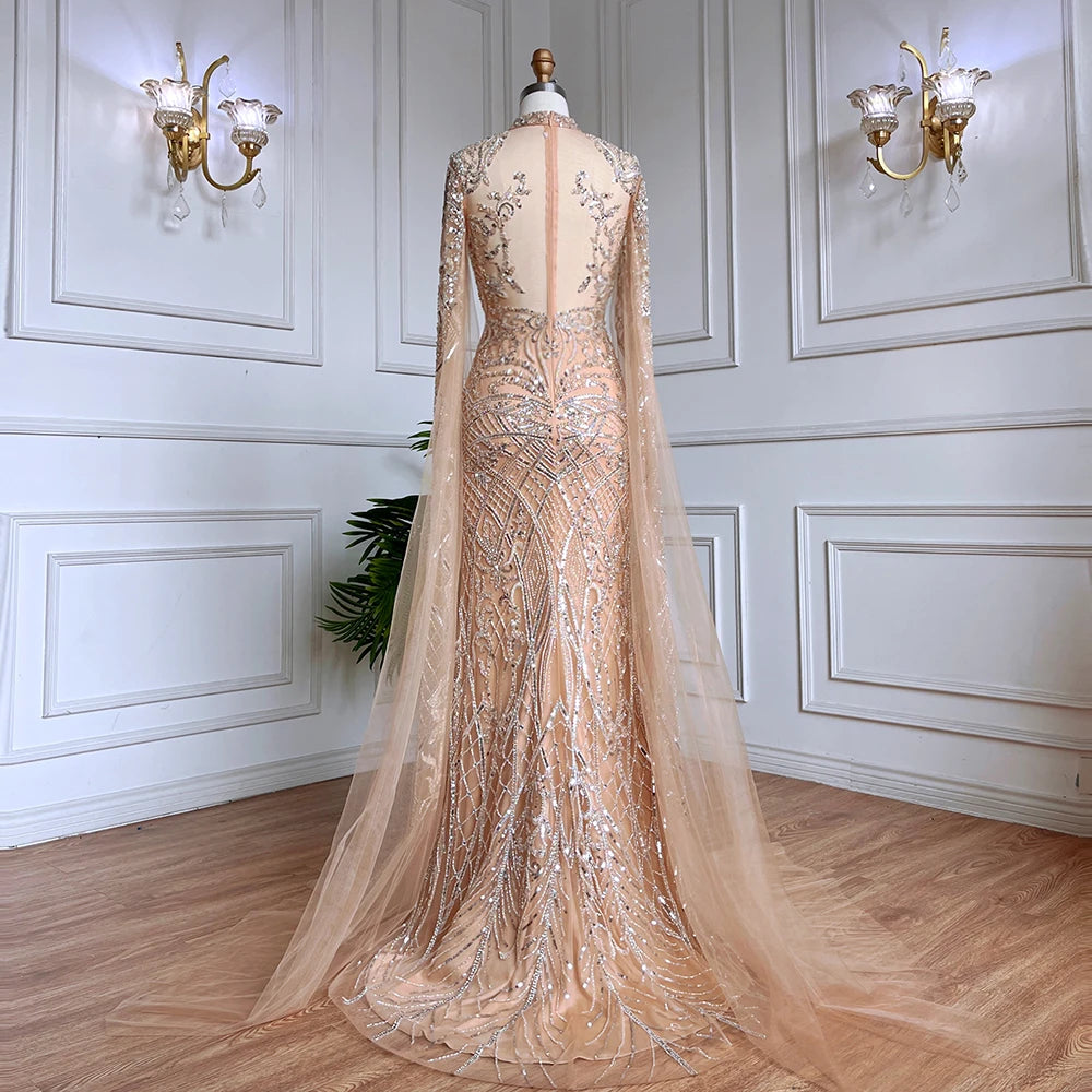 Luxury Nude Beaded Mermaid Evening Dress with Cape LA71747 - SERENE HILL