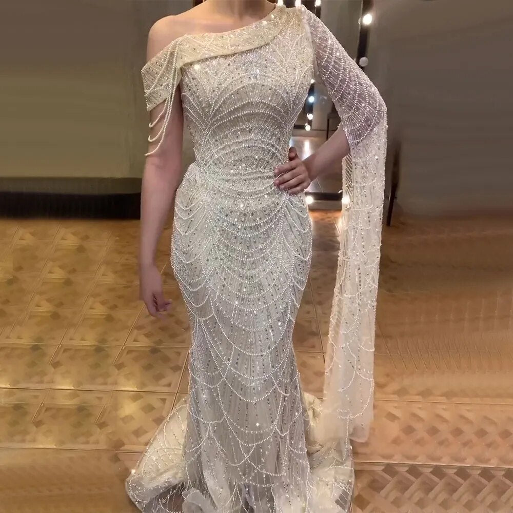 Luxury Nude Mermaid One-Shoulder Pearls Beaded Evening Dress LA72139 - SERENE HILL