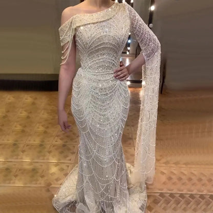 Luxury Nude Mermaid One-Shoulder Pearls Beaded Evening Dress LA72139 - SERENE HILL