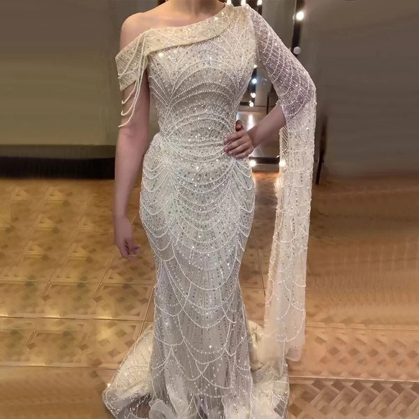 Luxury Nude Mermaid One-Shoulder Pearls Beaded Evening Dress LA72139