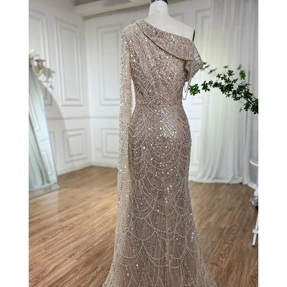 Luxury Nude Mermaid One-Shoulder Pearls Beaded Evening Dress LA72139 - SERENE HILL