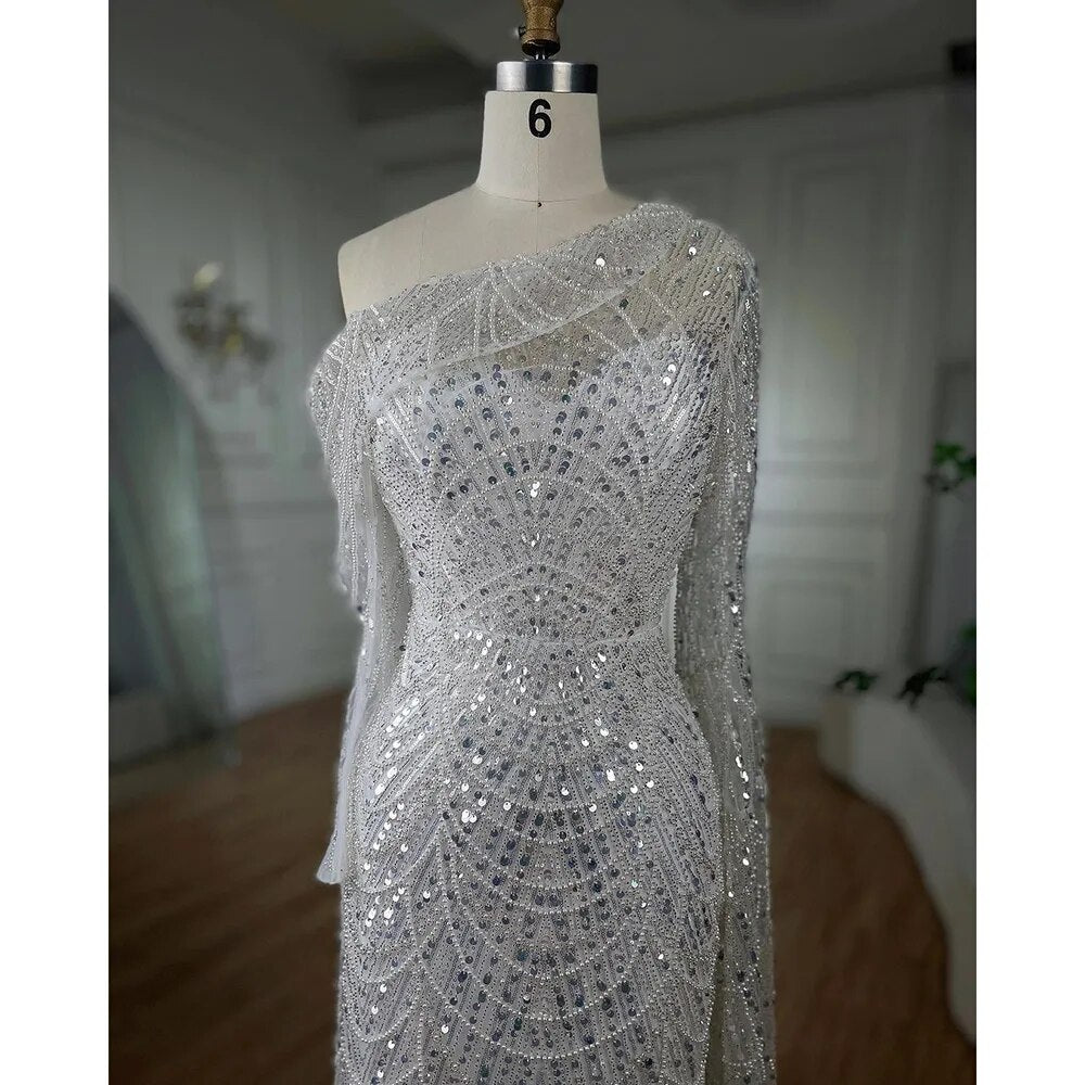 Luxury Nude Mermaid One-Shoulder Pearls Beaded Evening Dress LA72139 - SERENE HILL