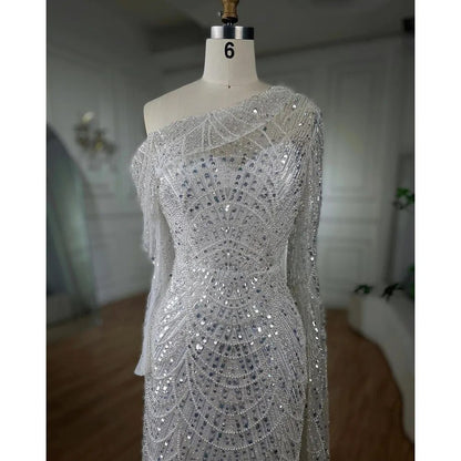 Luxury Nude Mermaid One-Shoulder Pearls Beaded Evening Dress LA72139 - SERENE HILL
