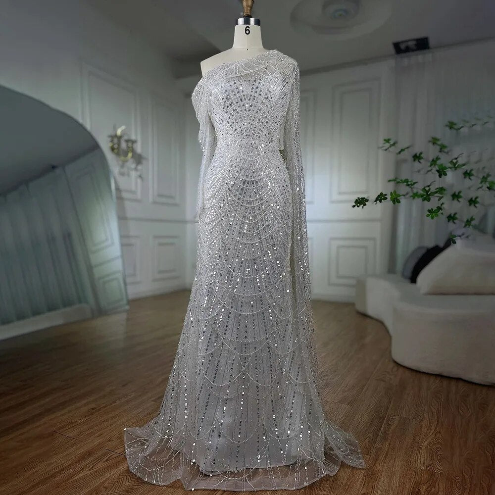 Luxury Nude Mermaid One-Shoulder Pearls Beaded Evening Dress LA72139 - SERENE HILL