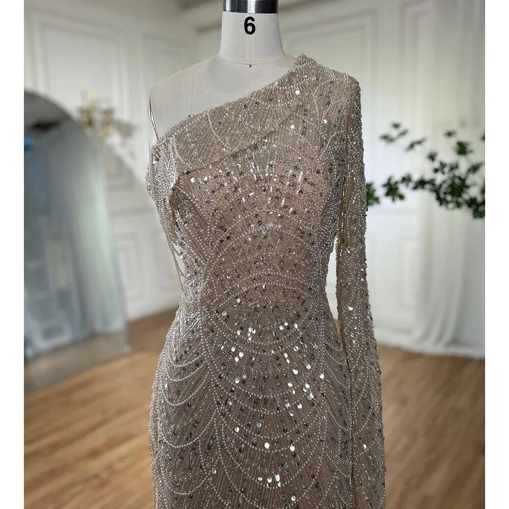Luxury Nude Mermaid One-Shoulder Pearls Beaded Evening Dress LA72139 - SERENE HILL