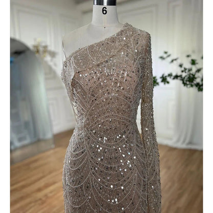 Luxury Nude Mermaid One-Shoulder Pearls Beaded Evening Dress LA72139 - SERENE HILL