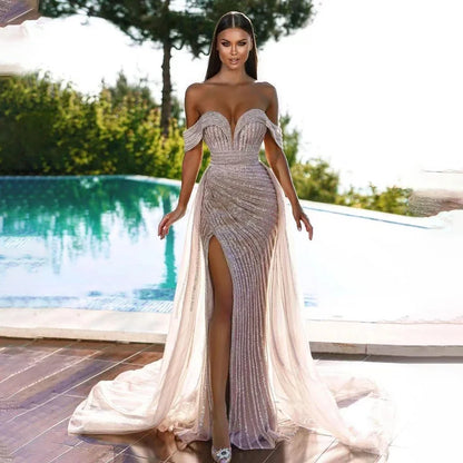 Serene Hill Nude Mermaid Elegant With Overskirt Off Shoulder Beaded Split Evening Dresses Gowns For Woman Party 2024 LA71728 - SERENE HILL