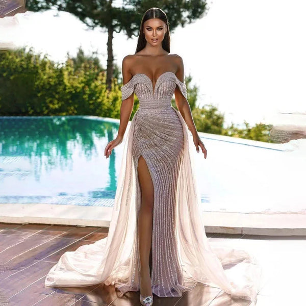 Serene Hill Nude Mermaid Elegant With Overskirt  Off  Shoulder Beaded Split Evening Dresses Gowns For Woman Party 2024 LA71728
