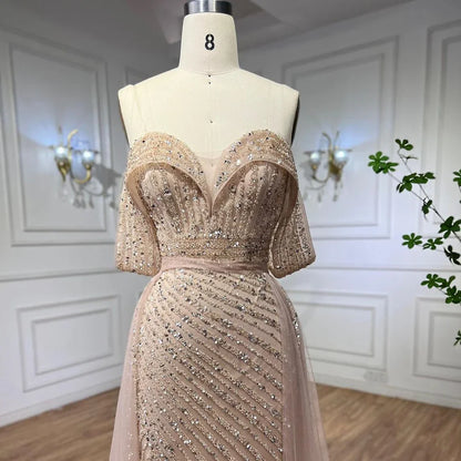 Serene Hill Nude Mermaid Elegant With Overskirt Off Shoulder Beaded Split Evening Dresses Gowns For Woman Party 2024 LA71728 - SERENE HILL