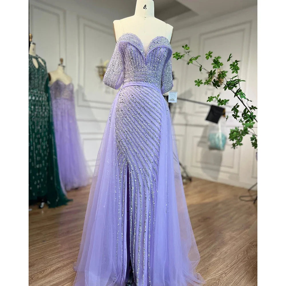 Serene Hill Nude Mermaid Elegant With Overskirt Off Shoulder Beaded Split Evening Dresses Gowns For Woman Party 2024 LA71728 - SERENE HILL