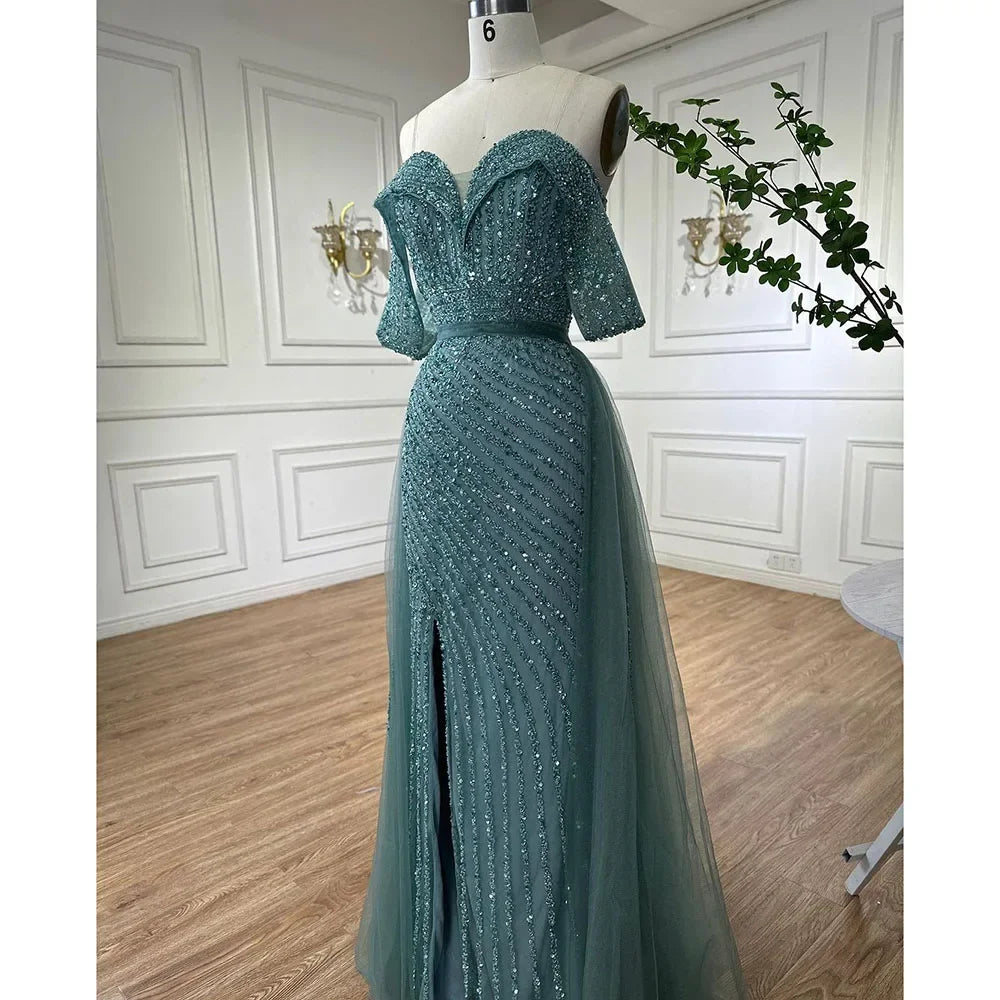 Serene Hill Nude Mermaid Elegant With Overskirt Off Shoulder Beaded Split Evening Dresses Gowns For Woman Party 2024 LA71728 - SERENE HILL