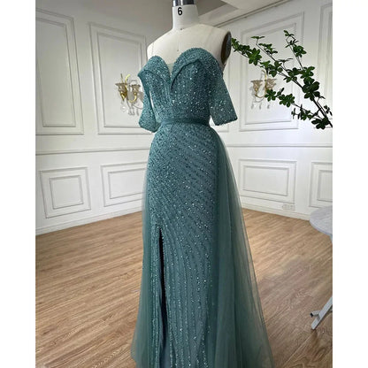 Serene Hill Nude Mermaid Elegant With Overskirt Off Shoulder Beaded Split Evening Dresses Gowns For Woman Party 2024 LA71728 - SERENE HILL