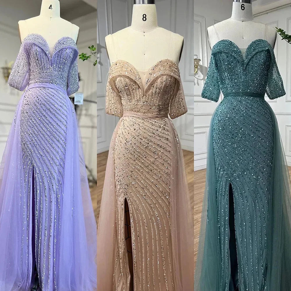 Serene Hill Nude Mermaid Elegant With Overskirt Off Shoulder Beaded Split Evening Dresses Gowns For Woman Party 2024 LA71728 - SERENE HILL