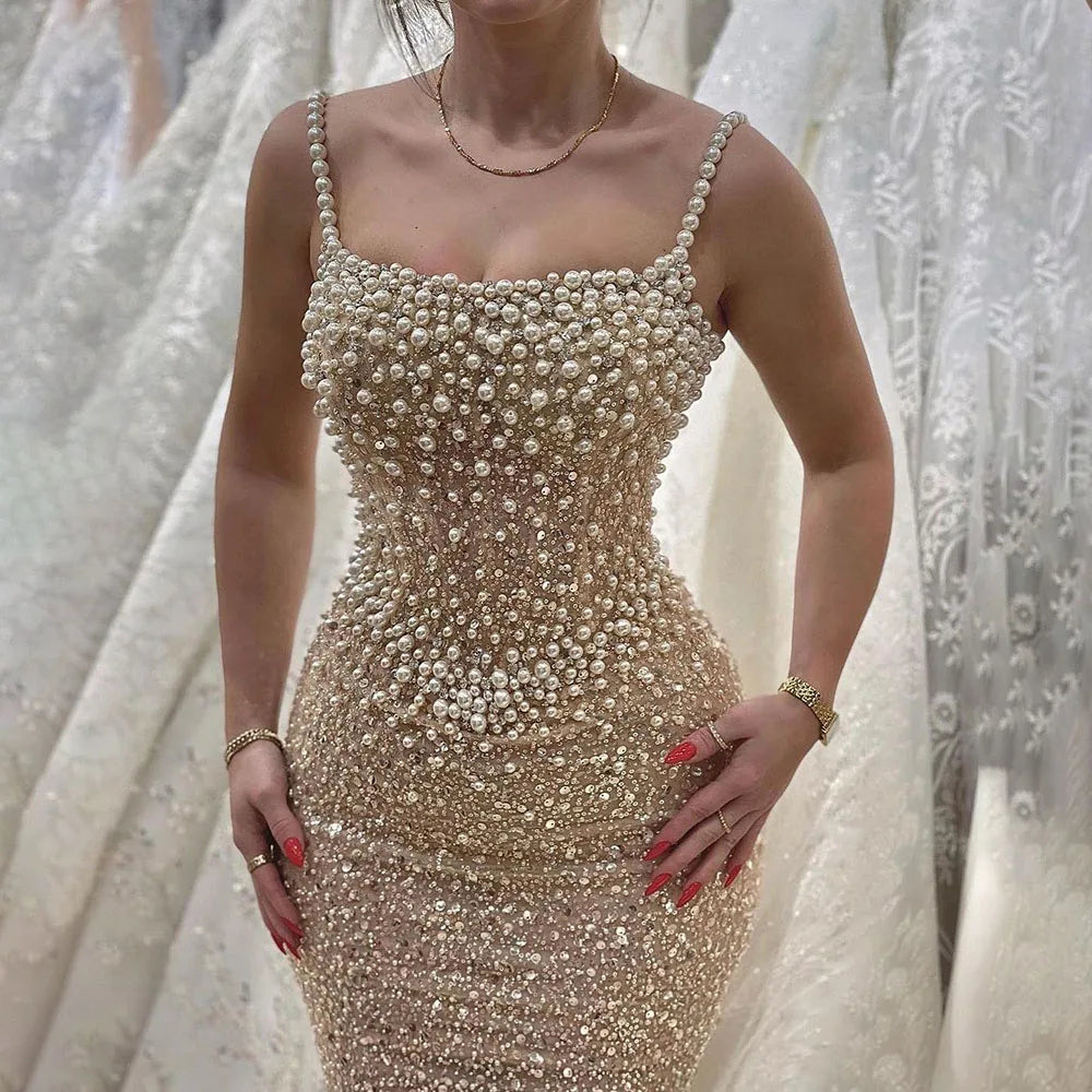 Serene Hill Nude Mermaid Evening Gown - Elegant, Luxurious, Pearls Beaded. Perfect for Women&