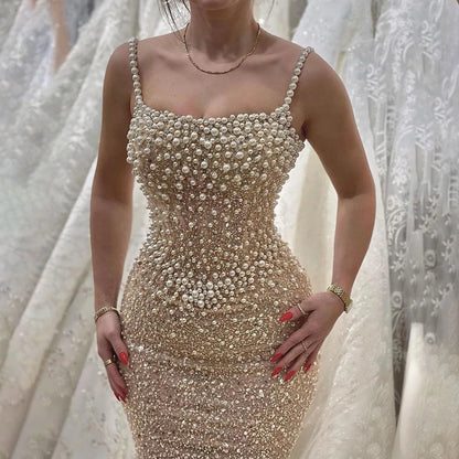 Serene Hill Nude Mermaid Evening Gown - Elegant, Luxurious, Pearls Beaded. Perfect for Women&