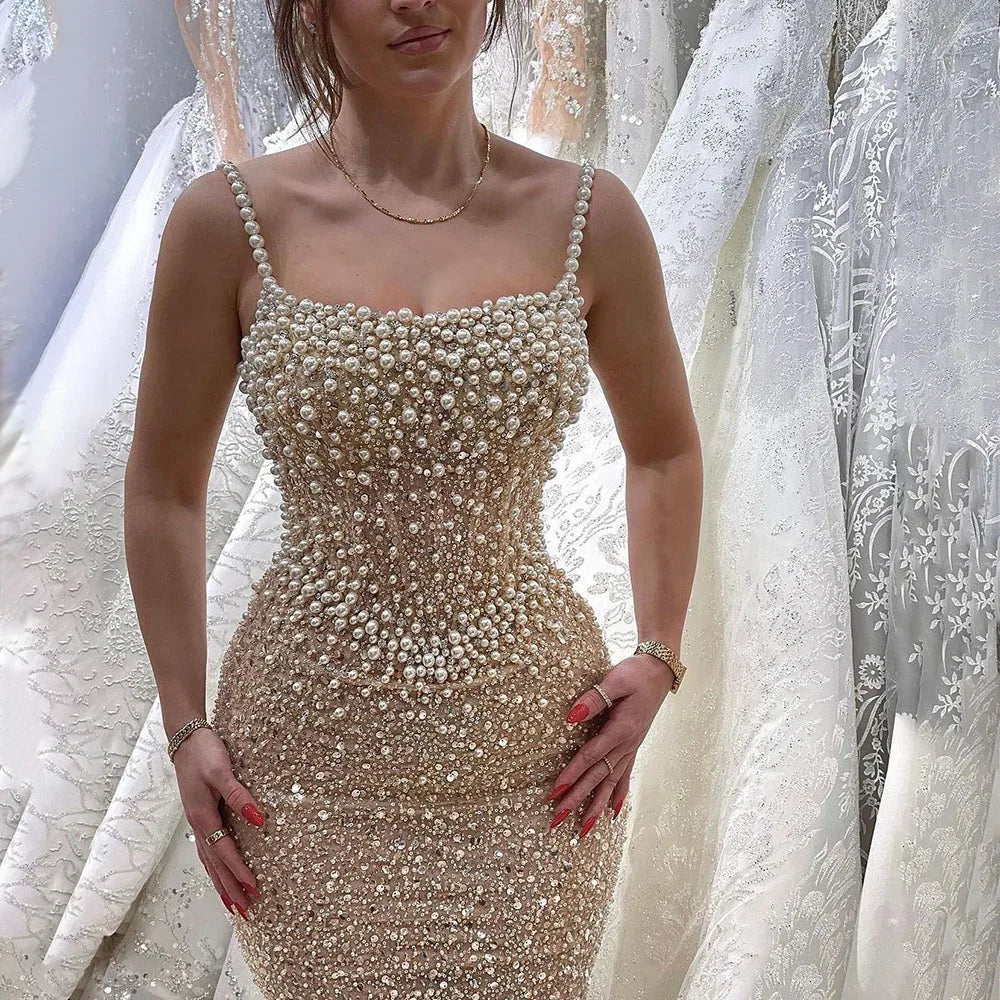 Serene Hill Nude Mermaid Evening Gown - Elegant, Luxurious, Pearls Beaded. Perfect for Women&
