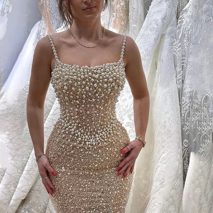 Serene Hill Nude Mermaid Evening Gown - Elegant, Luxurious, Pearls Beaded. Perfect for Women&