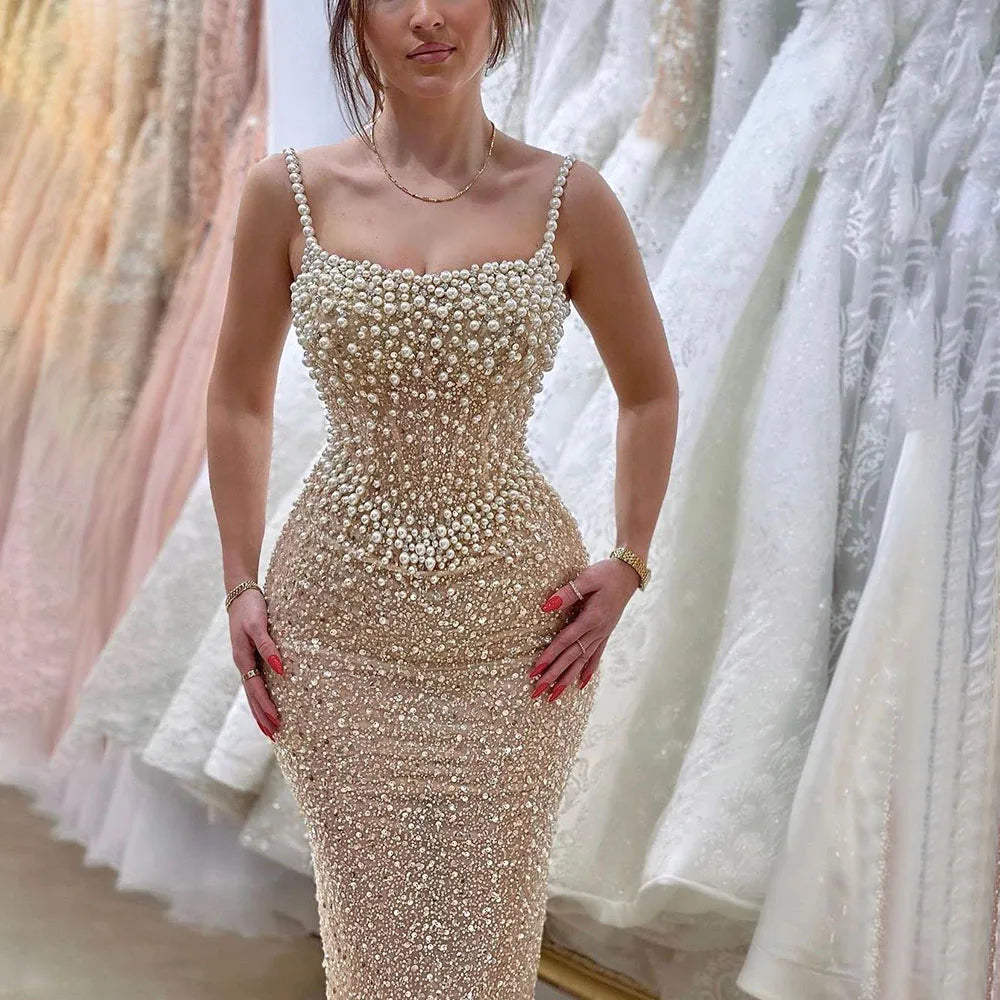 Serene Hill Nude Mermaid Evening Gown - Elegant, Luxurious, Pearls Beaded. Perfect for Women&