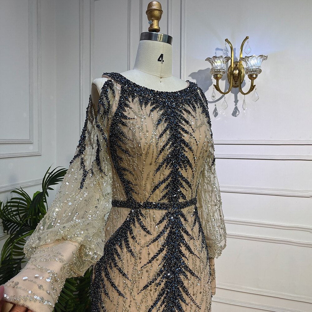 Serene Hill Nude O-neck Long Sleeves Cold Shoulder Evening Dresses Mermaid Beaded Party Gowns For Women LA72008 - SERENE HILL