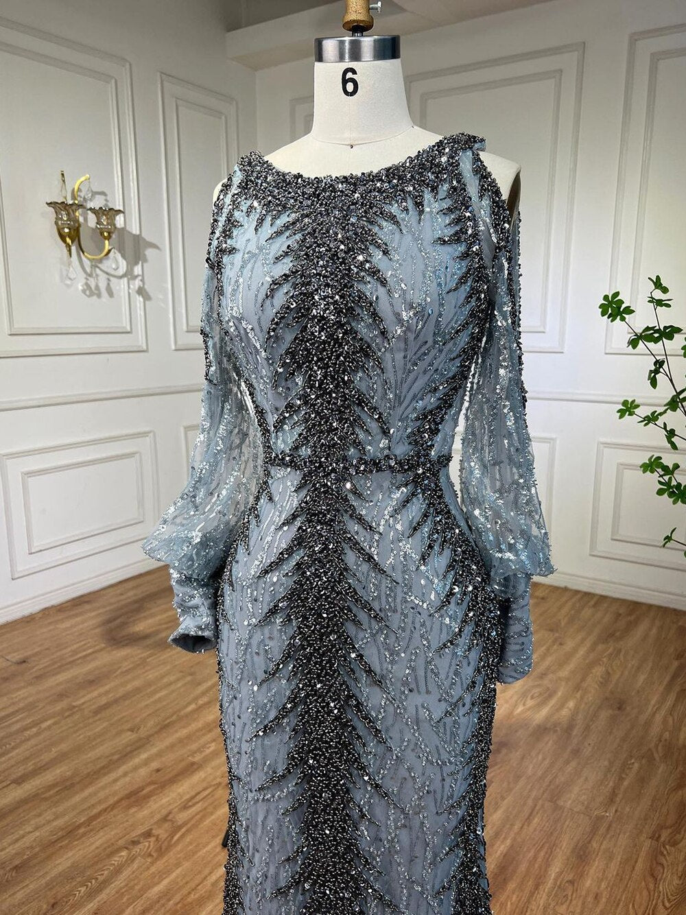 Serene Hill Nude O-neck Long Sleeves Cold Shoulder Evening Dresses Mermaid Beaded Party Gowns For Women LA72008 - SERENE HILL