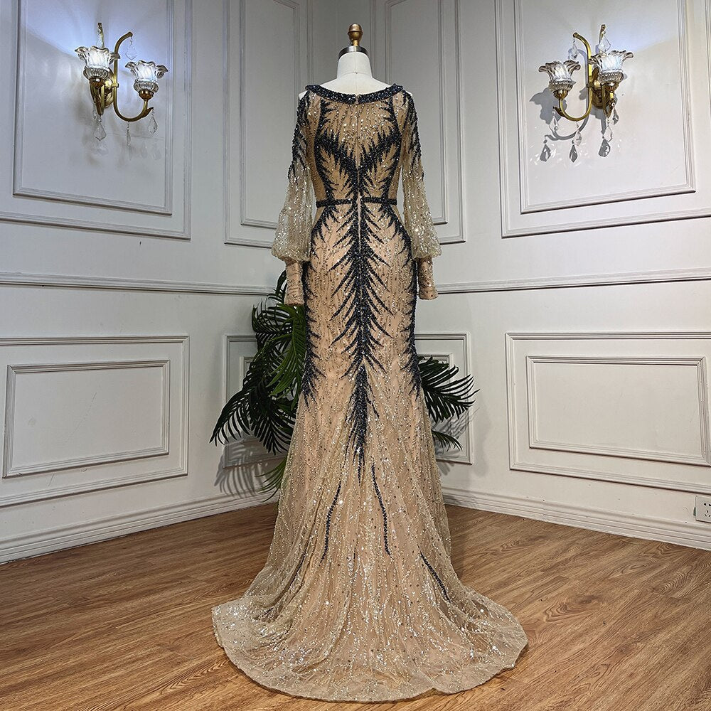 Serene Hill Nude O-neck Long Sleeves Cold Shoulder Evening Dresses Mermaid Beaded Party Gowns For Women LA72008 - SERENE HILL