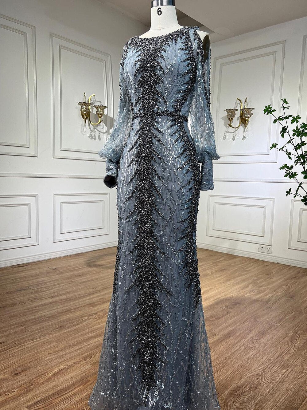 Serene Hill Nude O-neck Long Sleeves Cold Shoulder Evening Dresses Mermaid Beaded Party Gowns For Women LA72008 - SERENE HILL