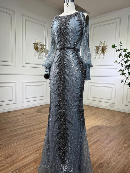 Serene Hill Nude O-neck Long Sleeves Cold Shoulder Evening Dresses Mermaid Beaded Party Gowns For Women LA72008 - SERENE HILL