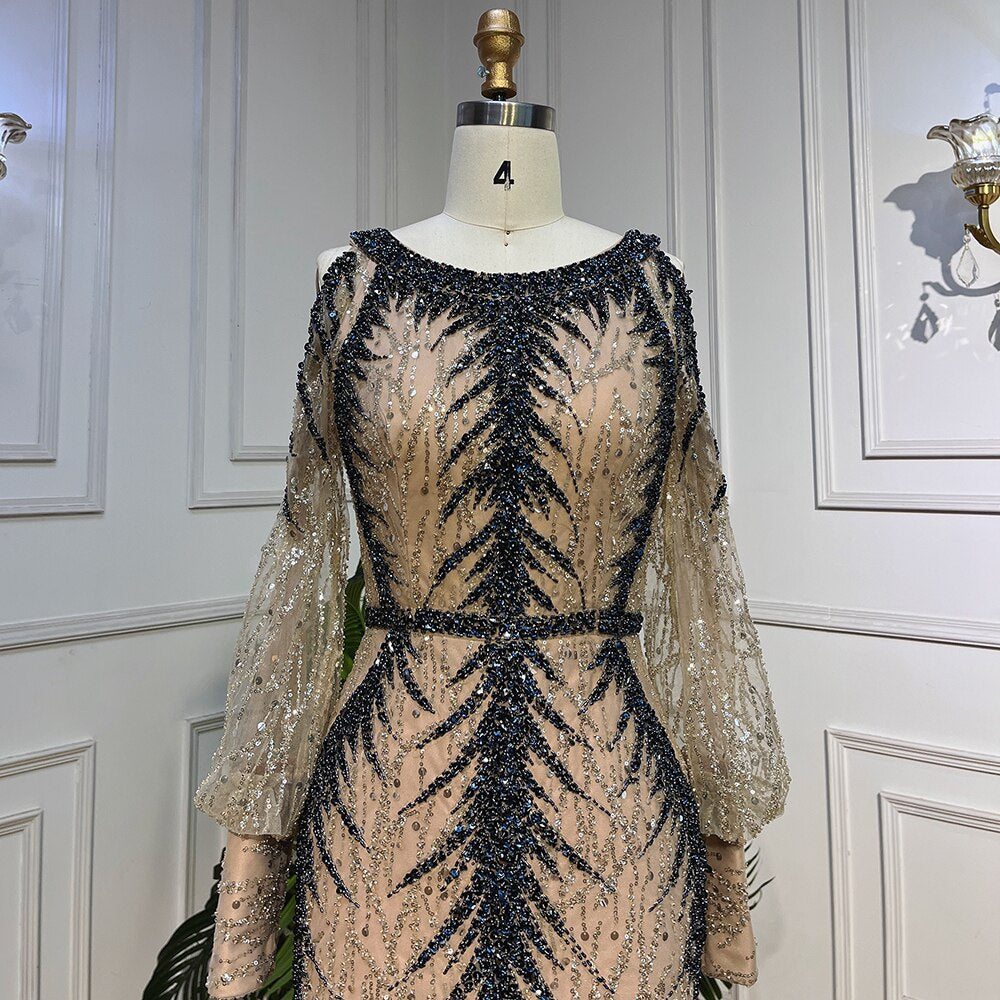 Serene Hill Nude O-neck Long Sleeves Cold Shoulder Evening Dresses Mermaid Beaded Party Gowns For Women LA72008 - SERENE HILL