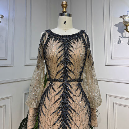Serene Hill Nude O-neck Long Sleeves Cold Shoulder Evening Dresses Mermaid Beaded Party Gowns For Women LA72008 - SERENE HILL