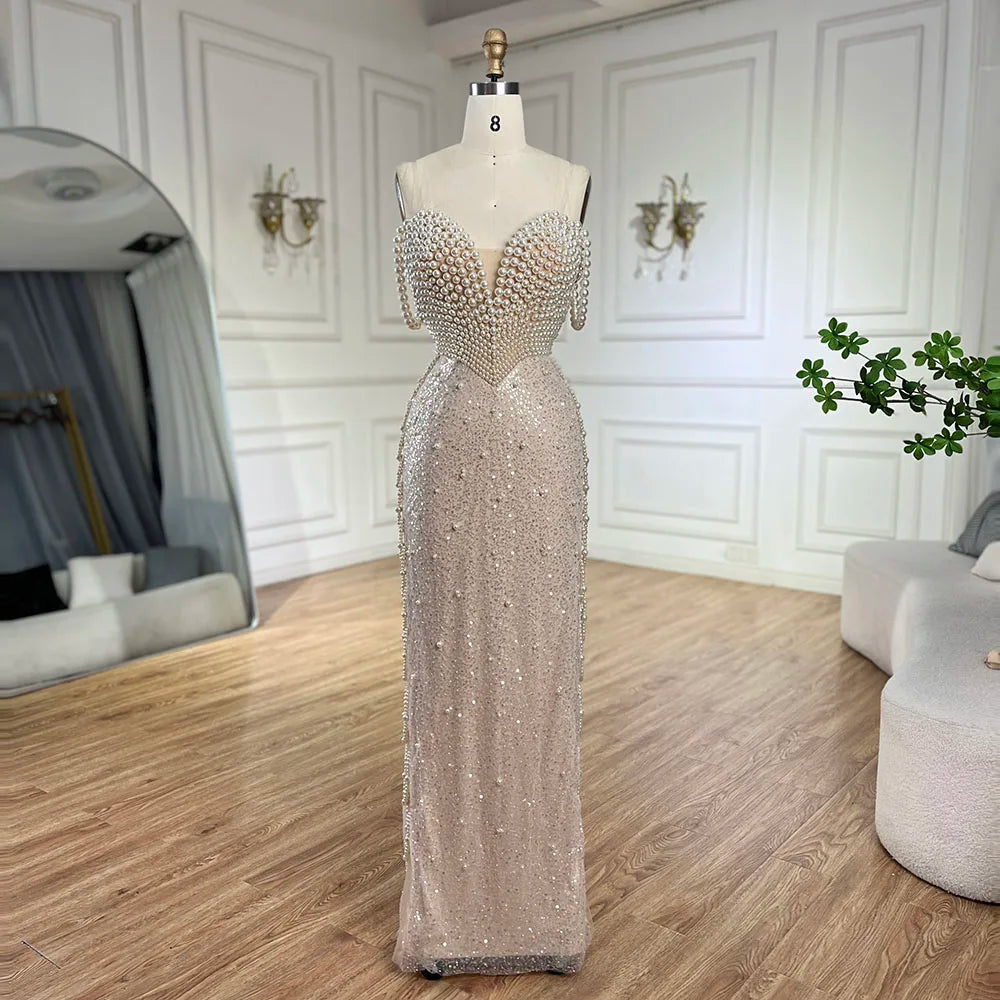 Serene Hill Nude Spaghetti Straps Mermaid Evening Dress with Beaded Pearls - Luxury Dubai Gown for Women&