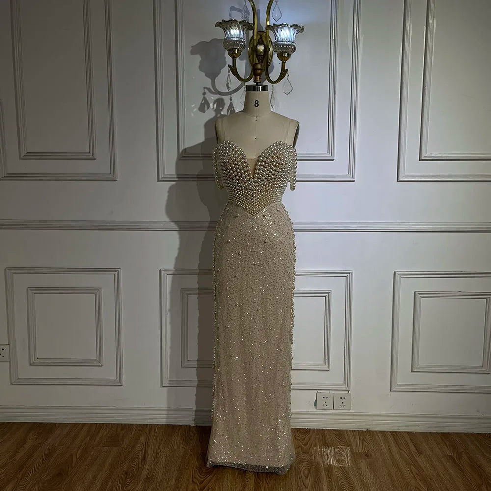 Serene Hill Nude Spaghetti Straps Mermaid Evening Dress with Beaded Pearls - Luxury Dubai Gown for Women&