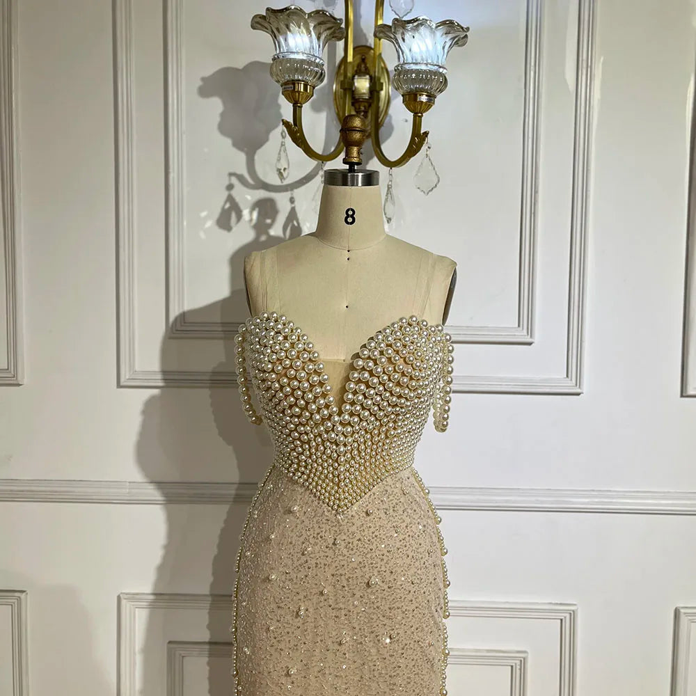 Serene Hill Nude Spaghetti Straps Mermaid Evening Dress with Beaded Pearls - Luxury Dubai Gown for Women&