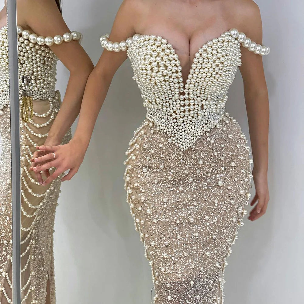 Serene Hill Nude Spaghetti Straps Mermaid Evening Dress with Beaded Pearls - Luxury Dubai Gown for Women&