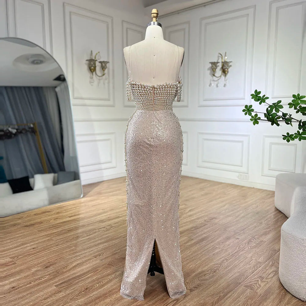 Serene Hill Nude Spaghetti Straps Mermaid Evening Dress with Beaded Pearls - Luxury Dubai Gown for Women&