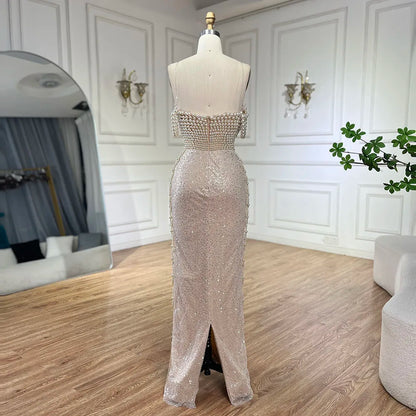 Serene Hill Nude Spaghetti Straps Mermaid Evening Dress with Beaded Pearls - Luxury Dubai Gown for Women&