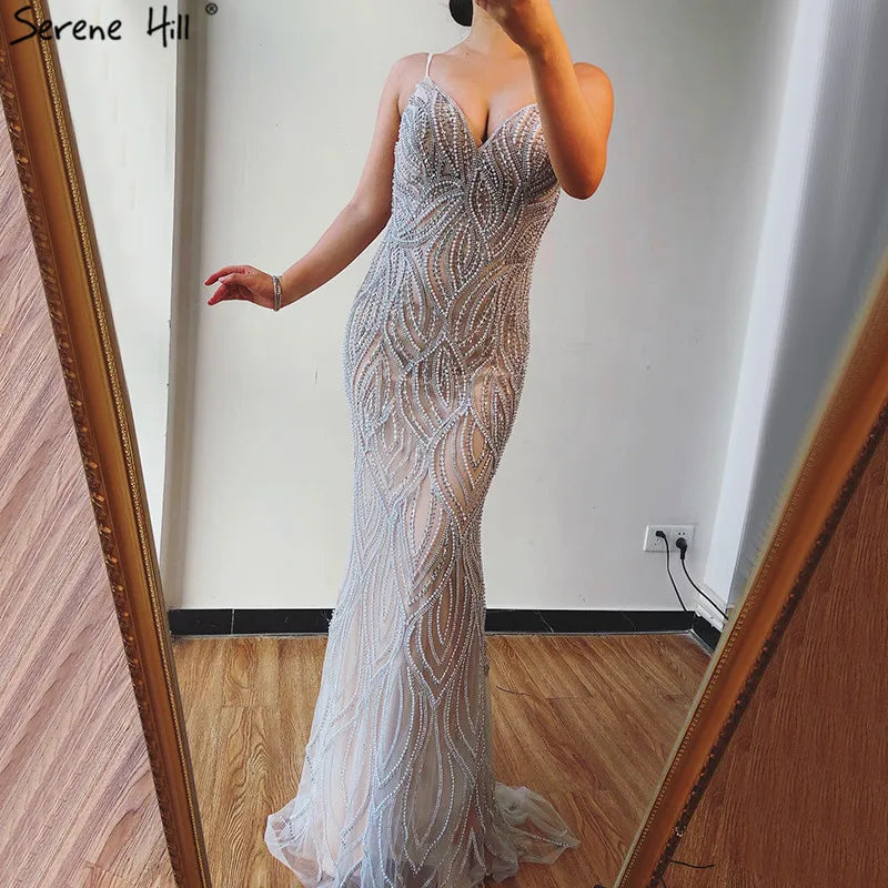 Serene Hill Nude White Mermaid Evening Dresses Gowns 2025 Spaghetti Strap Luxury Elegant For Women Party LA70214 - SERENE HILL