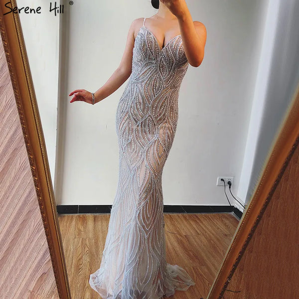 Serene Hill Nude White Mermaid Evening Dresses Gowns 2025 Spaghetti Strap Luxury Elegant For Women Party LA70214