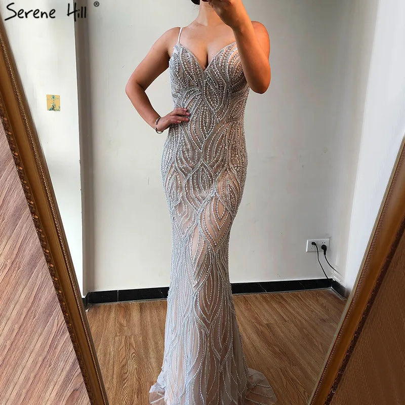 Serene Hill Nude White Mermaid Evening Dresses Gowns 2025 Spaghetti Strap Luxury Elegant For Women Party LA70214 - SERENE HILL