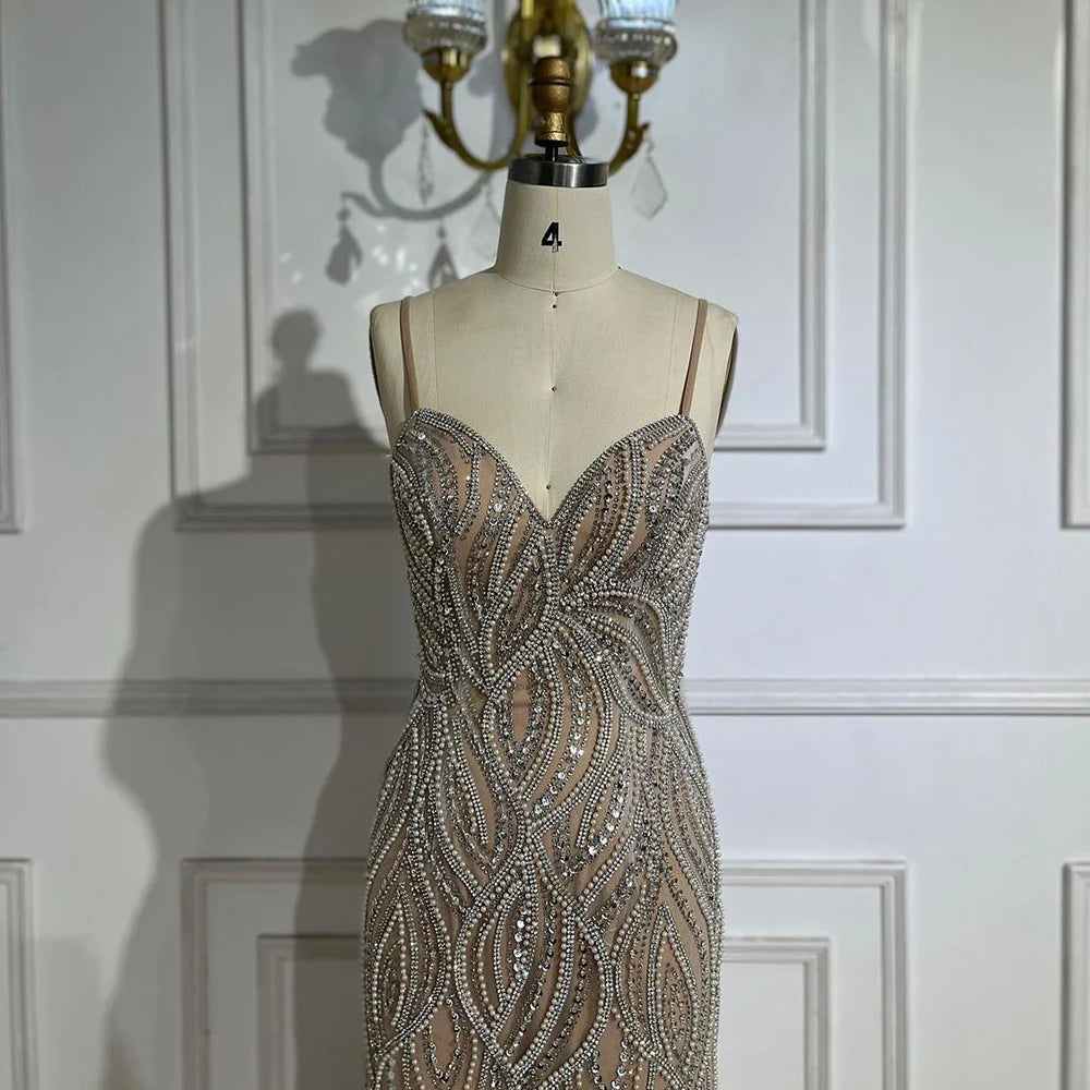 Serene Hill Nude White Mermaid Evening Dresses Gowns 2025 Spaghetti Strap Luxury Elegant For Women Party LA70214 - SERENE HILL