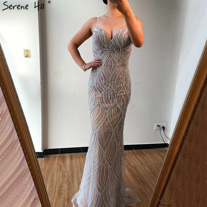 Serene Hill Nude White Mermaid Evening Dresses Gowns 2025 Spaghetti Strap Luxury Elegant For Women Party LA70214 - SERENE HILL