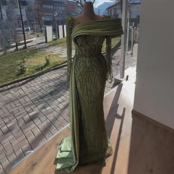 Luxury Olive Green Beaded Mermaid Evening Dress with Crystal LA72396