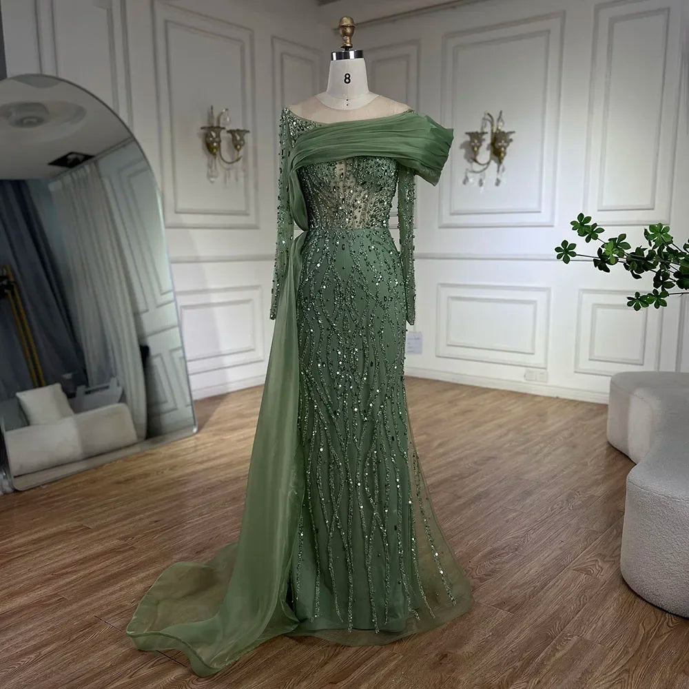 Luxury Olive Green Beaded Mermaid Evening Dress with Crystal LA72396 - SERENE HILL