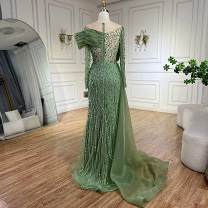 Luxury Olive Green Beaded Mermaid Evening Dress with Crystal LA72396 - SERENE HILL