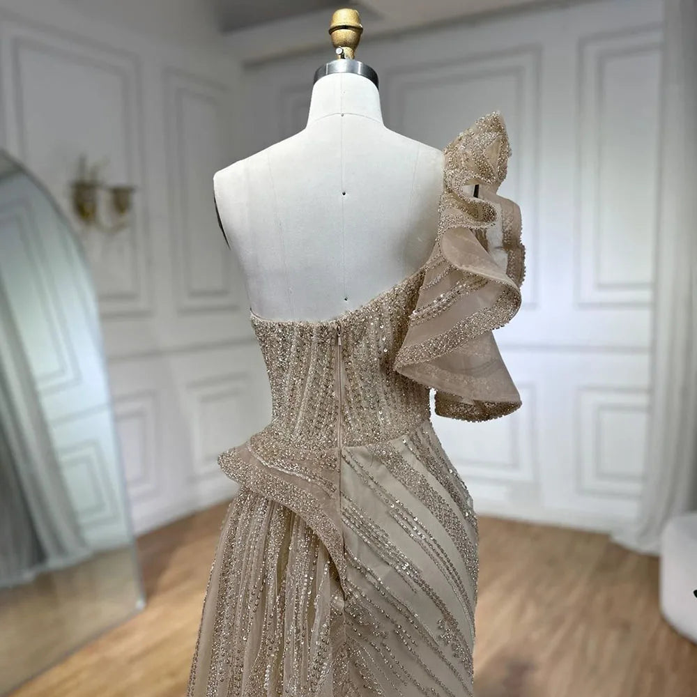 Serene Hill One-Shoulder nude Mermaid With Overskirt Beaded Evening Dress Gown for Women&