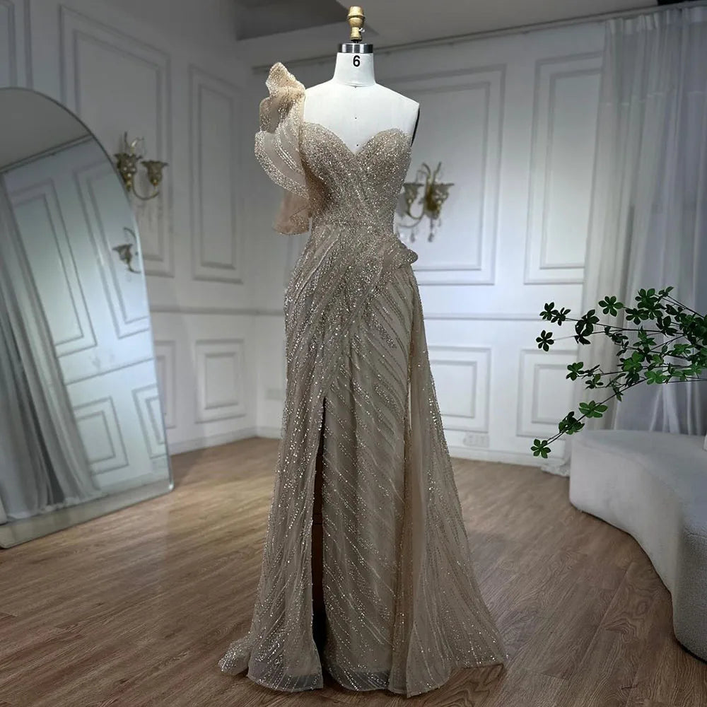 Serene Hill One-Shoulder nude Mermaid With Overskirt Beaded Evening Dress Gown for Women&