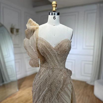 Serene Hill One-Shoulder nude Mermaid With Overskirt Beaded Evening Dress Gown for Women&